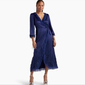 HILL HOUSE The Dolly Silk Robe Feather Embellished Size S Navy #1F510